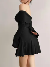 Casual Dresses Women Off Shoulder Mini Dress Y2k Long Sleeve Strapless Backless Bodycon Elegant Ruffle Trim Cocktail