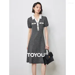 Party Dresses TOYOUTH Womens Dress 2024 Summer Slim Waist V Neck Polo Collar Stripe Short Sleeve Mid Length Luxury