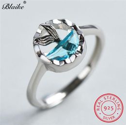 FashionSolid s925 Sterling Silver Mermaid Rings For Women Aquamarine Crystal Engagement Ring Cute Fairy Charm Wedding8807130