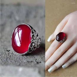 Cluster Rings Original Luxury Ethnic Style S925 Red Agate Oval Women's Ring White Moonlight Open