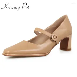 Dress Shoes Krazing Pot Sheep Split Leather Square Toe High Heel Young Lady Simple Style Fashion Mature Buckle Strap Women Pumps L01