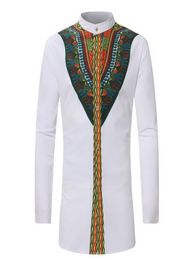 Laamei 2019 Vintage Men Ethnic Print top tees Long Sleeve Stand Collar African Print Dashiki Shirt white men clothing1004657