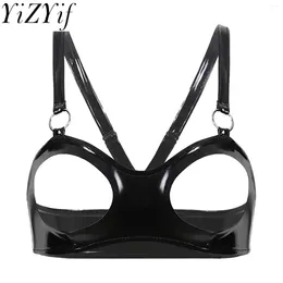 Bras Sexy Open Cup Bra Tops Womens Wet Look Patent Leather Cupless Exposed Breasts Lingerie Exotic Halterneck Latex Clubwear