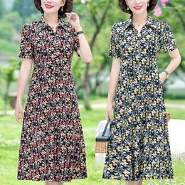 Party Dresses Fashion Turn-down Collar Button Midi Dress Female Clothing Vintage Broken Flowers Summer Short Sleeve Elegant A-Line