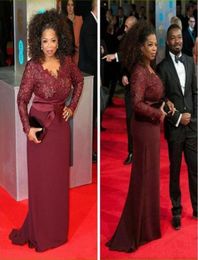 2018 Oprah Winfrey Burgundy Long Sleeves Lace Top Modest Mother of the Bride Evening Dresses Custom Plus Size Celebrity Red Carpet7658566