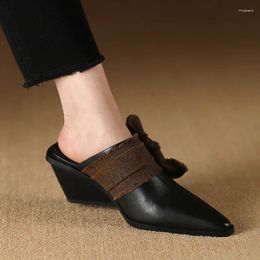 Slippers 2024 Women Genuine Leather Mules Fashion High Heel Summer Wedges Casual Office Shoes Woman Ladies