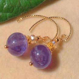 Dangle Earrings Natural Round Purple Chalcedony Beads Eardrop Gold Ear Hook Stud Unisex Crystal Children Gemstone Chandelier Bridal Hoop