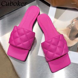 Slippers Flat Women Square Toe Rhombus Genuine Leather Ladies Slides Brand Designer Summer Vacation Beach Outwear Woman