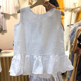 Women's Blouses White Shirt Women Blusas Femininas Elegantes Solid O Neck Pleated Ruffle Edge Sweet Summer Tanks Tunic Mujer Blouse