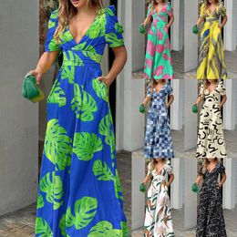Summer Fashion Elegant Female Rompers High Waist Vneck Short Sleeve Wide Legs Jumpsuits for Women Loose Floral Overalls 240423