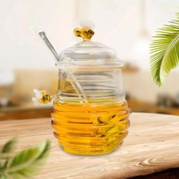 Storage Bottles Clear Glass Beehive Honey Pot Dispenser With Dipper And Lid Bee For