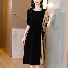 Party Dresses Vintage Contrasting Colours Patchwork 2024 Summer Loose Bandage A-Line Female Clothing Casual Round Neck Midi Dress