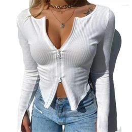 Women's T Shirts Women Slim Sexy Black White Cardigan Ribbed Knitted Long Sleeve Zipper Tops Tees Spring Autumn Female Clothing