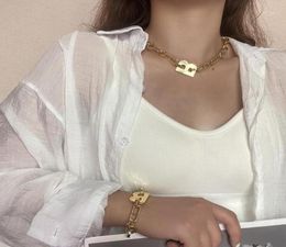 2020 New fashion women gold plated metal B necklace bracelet thick link chain choker high quality13094416