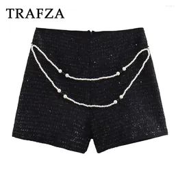 Women's Shorts TRAFZA 2024 Spring Summer Women Chanelstyle Beading Slim Zipper Chain Mini Streetwear Fashion Casual