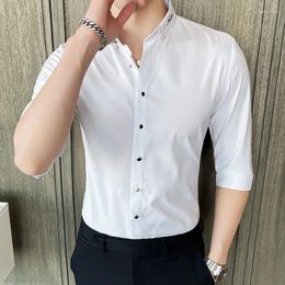 Men's Casual Shirts Plus Size 4XL-M Summer Half Sleeve Solid Men Clothing 2024 Simple Embroidery Collar Slim Fit Business Formal Wear