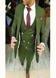 Olive Green Mens Suits for Groom Tuxedos 2019 peaked Lapel Slim Fit Blazer Three Piece Jacket Pants Vest Man Tailor Made Clothing6316603