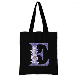 Shopping Bags Fashion Purple Flower Letter Printing Women's Shoulder Handbag Canvas Ladies Bag Large Capacity Reusable Tote