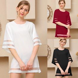 Casual Dresses Women's Sexy Mesh Patchwork Mid Length Round Neck Loose Long Sleeves Solid Colour Fashion Comfy 2024