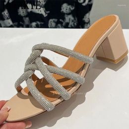 Slippers Summer Crystal For Women Open Toe Square Mid Heel Mules Woman Sandals Luxury Ethnic Style Brand Party Shoes Mujer