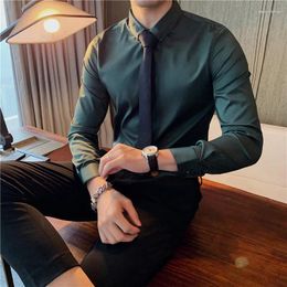 Men's Casual Shirts Fashion British Style Slim Fit Long Sleeved Shirt Solid Color Dark Green Black White Social Business 6XL 7XL
