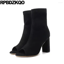 Boots 2024 Fashion Chunky Open Toe Sandals High Heel Black Short Size 34 Ankle Shoes Women Suede Designer Summer