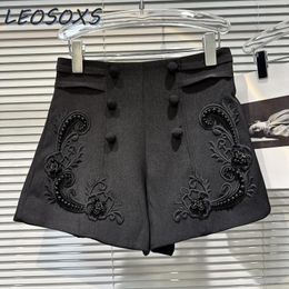 Women's Shorts 2024 Spring And Summer Retro Court Pearl Beaded Embroidery Pattern Black Women Elegant Socialite Casual Suit