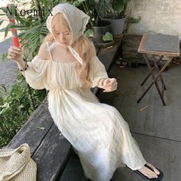 Party Dresses Vacation Style Pleated Off Shoulder White Dress Summer Women Clothing Loose Lazy Beach Chiffon Long For