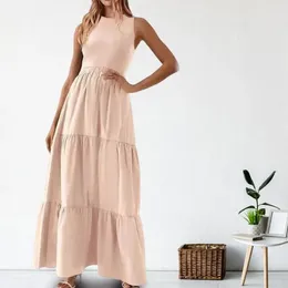 Casual Dresses Polyester Summer Dress Loose Fit Elegant Maxi With A-line Silhouette Patchwork Pleats High Waist Detail For Beach
