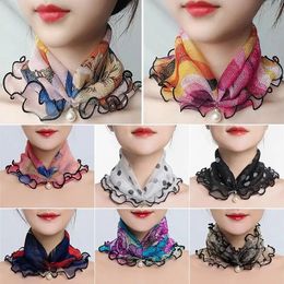 Women Ruffle Lace Scarf Pearl Pendant Chiffon Scarves Shiny Headscarf Thin High Elasticity Neck Wrap Organza Collar 240430