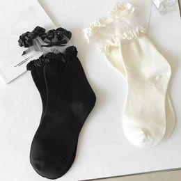 Women Socks JK Harajuku Lace Ruffle Sweet Girls Lolita Bowknot Stockings Kawaii Cotton Mid-tube Sock Black White Streetwears