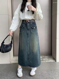 Skirts S-XL A Line Long Denim Skirt 2024 High Waist Vintage Side Pocket Midi Jeans Women Slim Style(L9021