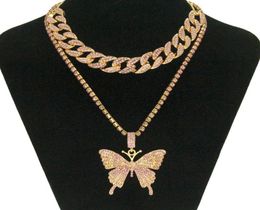 Hip Hop Iced Out Rhinestone Big Butterfly Pendant Necklace Cuban Chain Set for Women Statment Bling Crystal Animal Choker Jewelry4066302