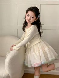 Clothing Sets Korean Children's 2024 Spring Edition Girls' Colorful Button Sweater Big Girl Treasure Irregular Knitted Set