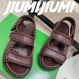 Sandals JIUMIJIUMI Handmade Woman Shoes Leather Round Toes Platform Flat With Casual Solid Hook&Loop Bordered Roman
