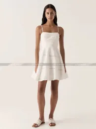 Casual Dresses Women Sexy Strapless Folded Waist Big Swing Simple Fashion White Linen Mini Dress