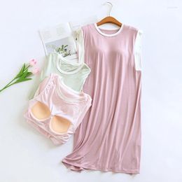 Women's Sleepwear Women Patchwork Sleeveless Round Neck Pullover Nightdress With Chest Pads Summer Thin Fashion Loose Comfort Female Home