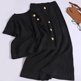 Work Dresses Women Spring Fashion O-neck Set Short Sleeved T-shirt Metal Button Elastic Band Knee Length Skirt Vintage Two-piece Summer