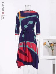 Casual Dresses LANMREM Colourful Striped Printed Pleated Dress Women Fashion Contrast Colour Belt 2024 Summer Clothing 2DA1019