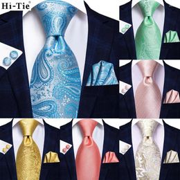 Bow Ties Hi-Tie Mens Silk Wedding Tie Light Blue Mint Pink Paisley Solid Ashion Design Gift Necktie For Men Hanky Cufflink Business Party