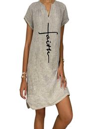 5XL Women Dress Cotton Linen Solid Short Sleeve Dress for Women Vintage Loose Women Clothing V Neck Casual Dresses Y07065686051