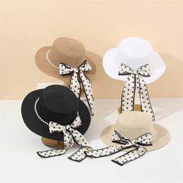 Wide Brim Hats Straw Hat Summer Korean Elegant Polka Dot Ribbon Pearl Flat Top For Outings Sun