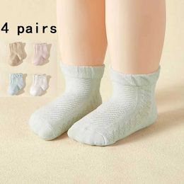 Kids Socks 4 pairs of boys and girls baby solid color mesh breathable thin mid length socks comfortable and casual soft elastic socks Y240504