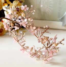 Himstory Handmade Sweet Pink Round Flower Tiara Crowns Branch Bridal Wedding Diadema Hair Tiaras Decoration Accessories Y2008071399494