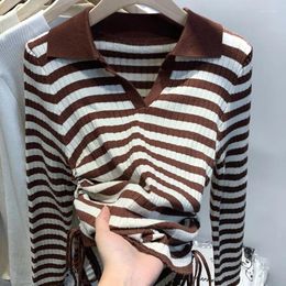 Women's Polos Spring Autumn Solid Pullover V-Neck Striped Colour Blocking Long Sleeve Sweater Knitted Casual T-shirt Undershirt Tops