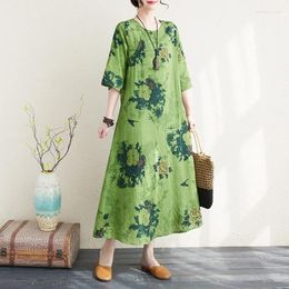 Party Dresses 2024 Summer Printed Green Cotton Inverted Long Sleeve Cheongsam Retro Elegant Dress