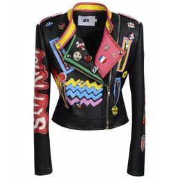 New Women Rivet Beading PU Leather Jacket Streetwear Plus Size 6XL 2021 Faux Punk Leather Jacket Graffiti Motorcycle Outwear 262o