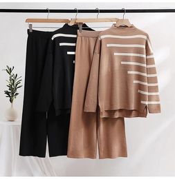 Women's Two Piece Pants Womens Striped Knitted 2 Sets Fall Winter Women Lose Sweater Wide Leg Long Straight Tracksuits