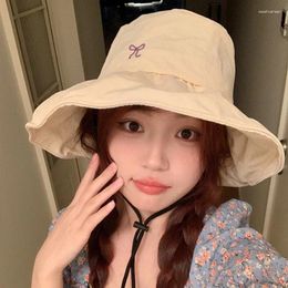 Wide Brim Hats Korean Version Of Summer Cute Bow Sunshade Bucket Hat Outdoor Breathable Portable Women's Big Eaves Foldable Lace-up Sun Cap