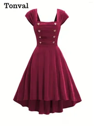 Party Dresses Tonval Square Neck Buttons Front High Low Hem Burgundy Dress 2024 Elegant Evening Women Vintage Style